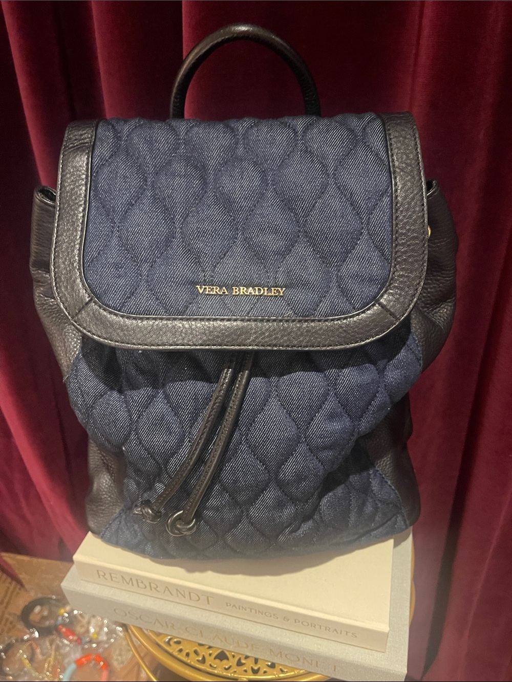 Vera Bradley Quilted Navy and Black Drawstring Backpack